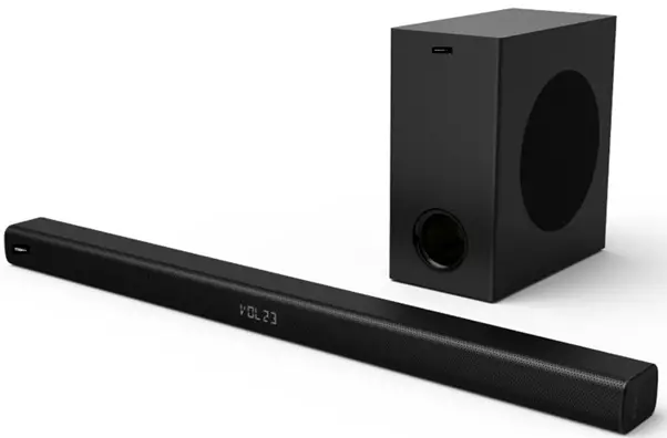 Subwoofer and soundbar next to each other on a white background.