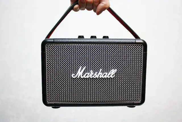 Picture of Marshall component speakers being held up.