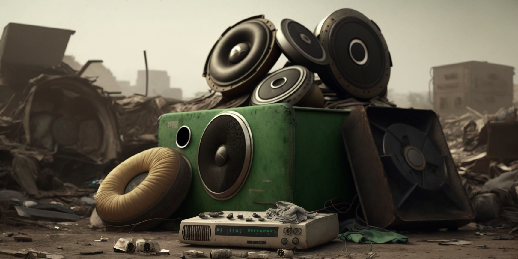 Speakers sitting atop a pile of e-waste in a landfill.