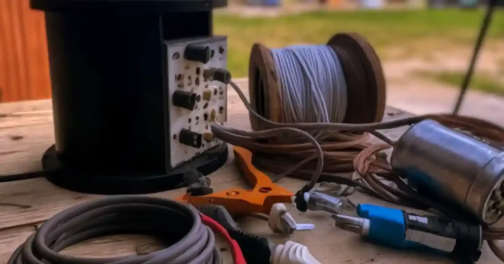 Table of tools that are being used to assemble an outdoor speaker.